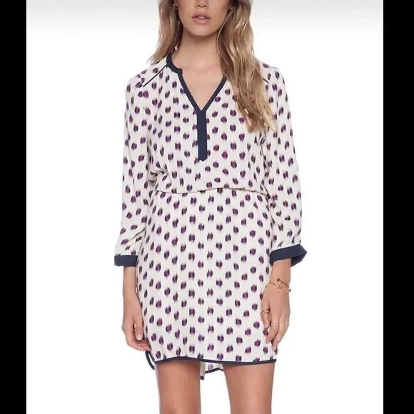 LA Made Resolve Brand Purple Cream Ikat Print V Neck Dress Medium New - Picture 1 of 10